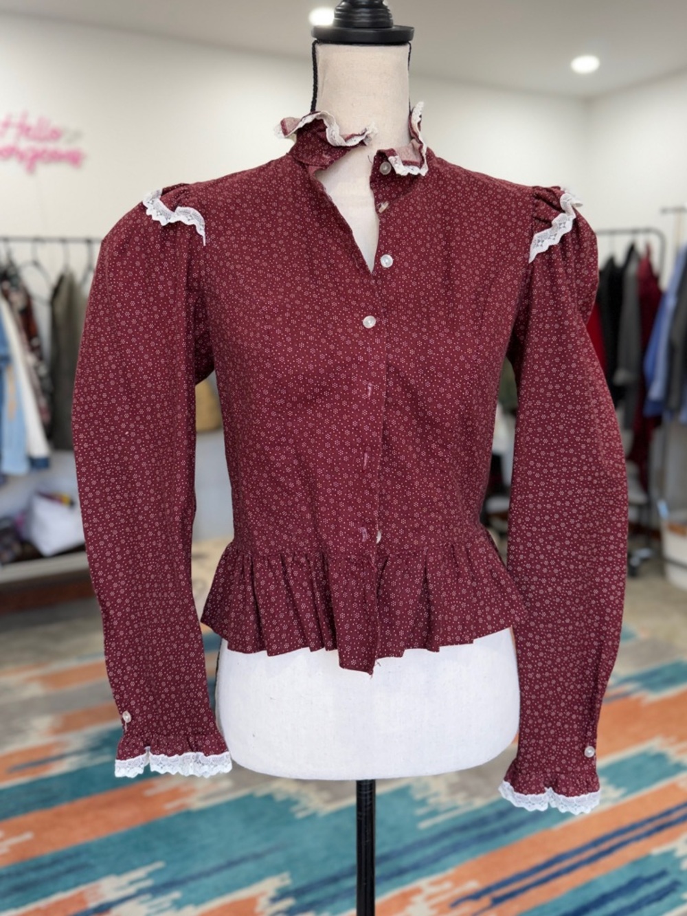 Vintage Stitches Burgundy Ditsy Print with Lace Trim